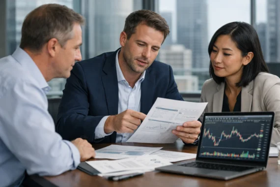 Forex trading advisory session with experts and clients.