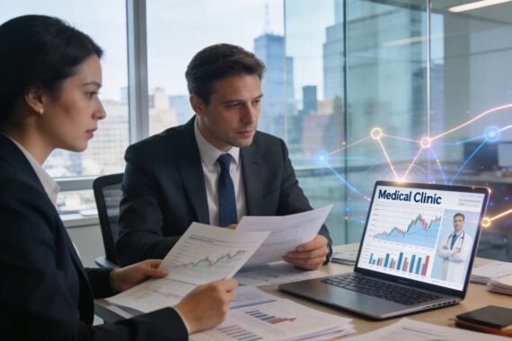 Professional clinic investing review with realistic office interaction.